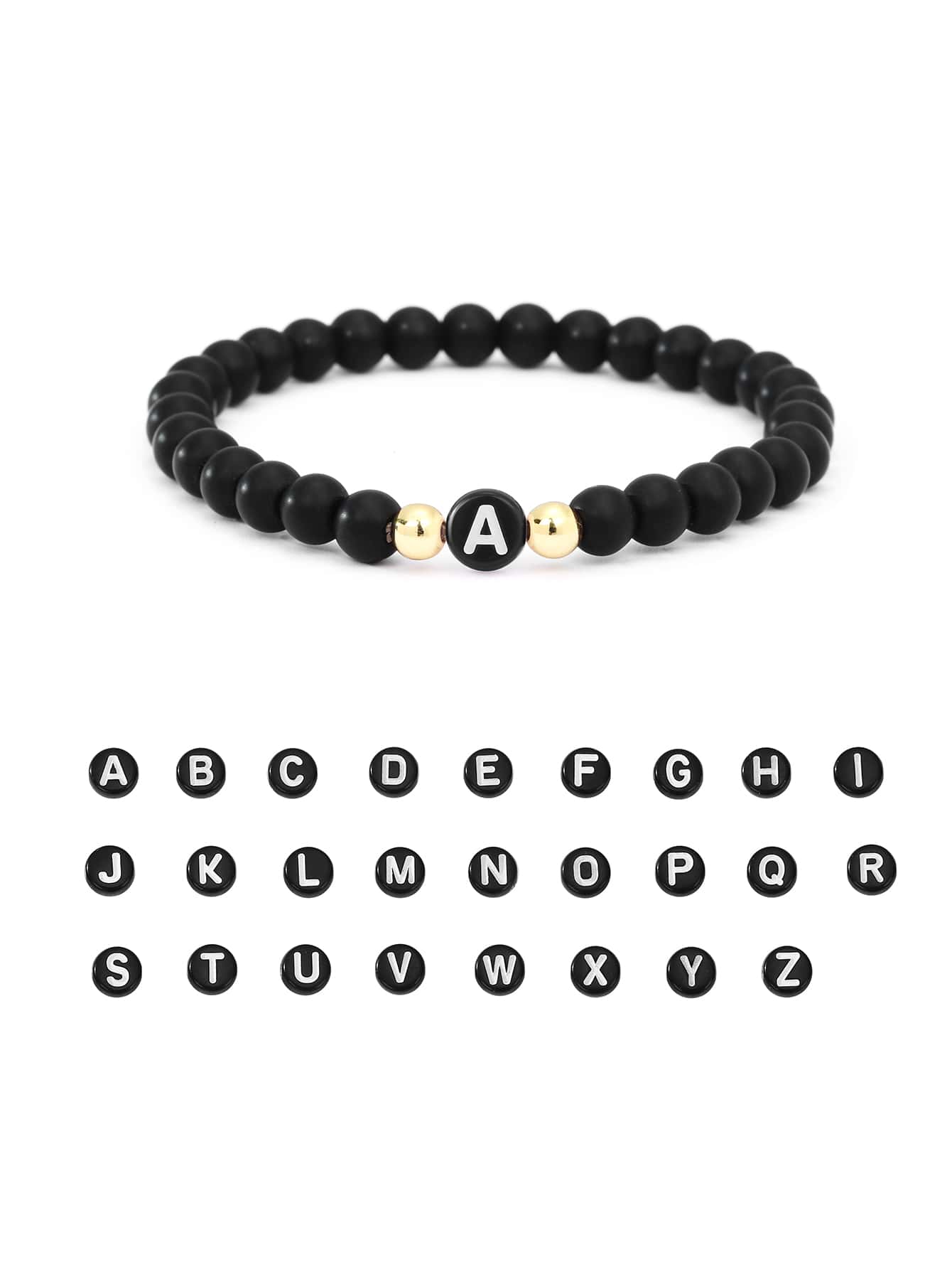 1 件男士黑色霧面石頭字母串珠手鍊 - 黑色 - 查看 1