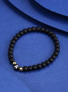 1 件男士黑色霧面石頭字母串珠手鍊 - 黑色 - 查看 4