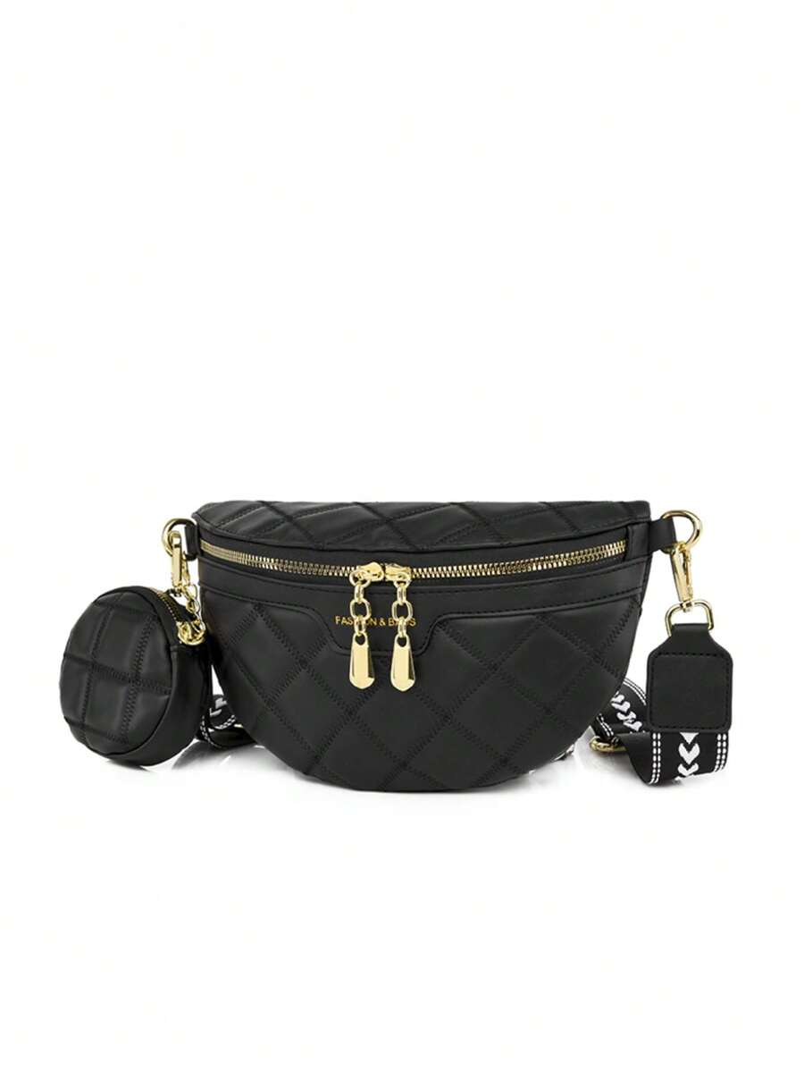 刺繡肩帶零錢包胸包腰包 - 黑色 - 查看 1