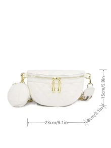 幾何格紋衍縫腰包帶零錢包流行旅行斜挎包女士PU皮革胸包