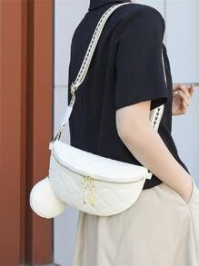 幾何格紋衍縫腰包帶零錢包流行旅行斜挎包女士PU皮革胸包