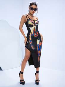 SHEIN ICON Body Heat Map Print Split Thigh Dress - Orange - View 3