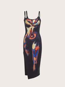 SHEIN ICON Body Heat Map Print Split Thigh Dress - Orange - View 9