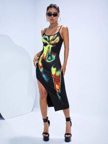 SHEIN ICON 身體熱成像印花高衩連衣裙 - 黑色 - 查看 1