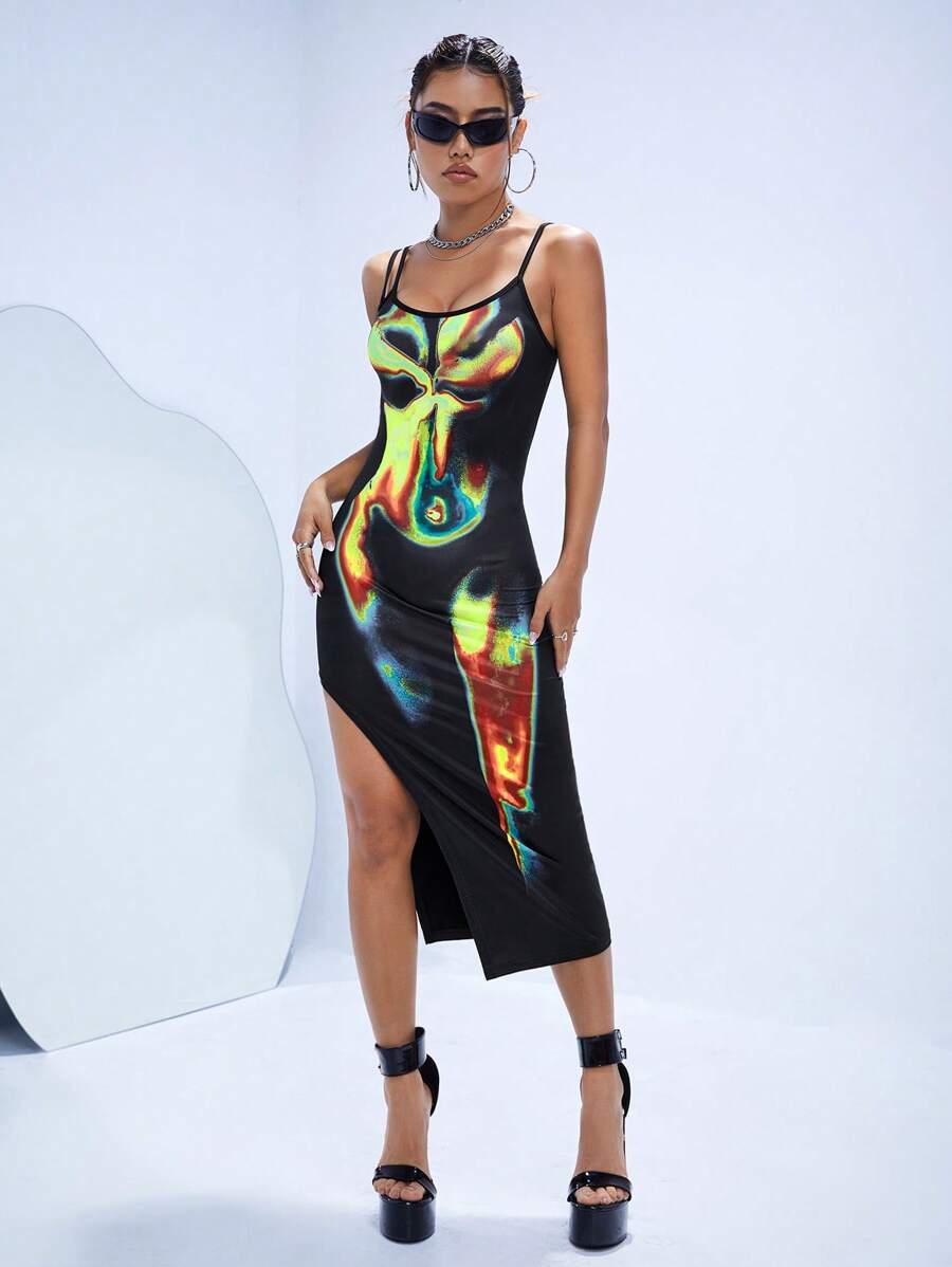 SHEIN ICON 身體熱成像印花高衩連衣裙 - 黑色 - 查看 1