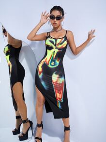 SHEIN ICON 身體熱成像印花高衩連衣裙 - 黑色 - 查看 5