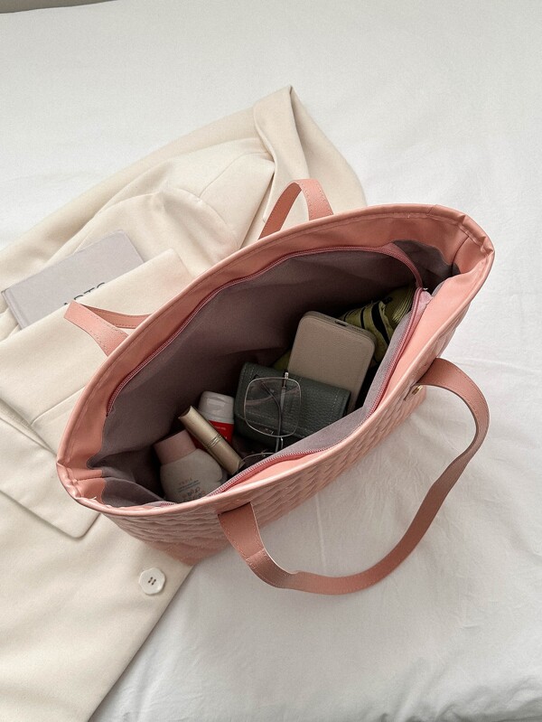 Quilted Pattern Shoulder Tote Bag Pink SHEIN USA