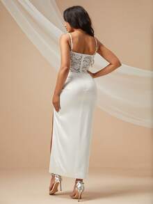 Contrast Lace Split Thigh Satin Cami Wedding Dress - White - View 2