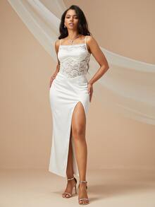 Contrast Lace Split Thigh Satin Cami Wedding Dress - White - View 3