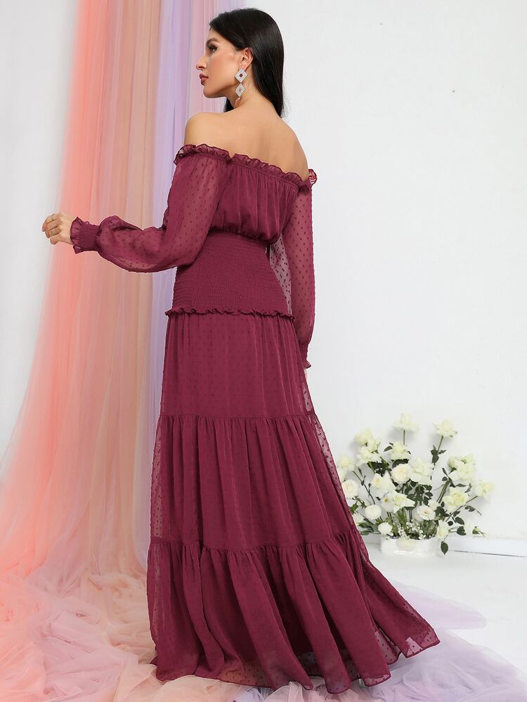 Faeriesty Elegant Chiffon Off-Shoulder Shirred Trim Bridesmaid Dress