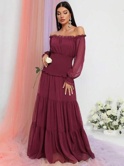 Faeriesty Elegant Chiffon Off-Shoulder Shirred Trim Bridesmaid Dress