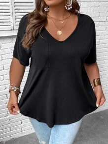 EMERY ROSE 大碼素色V領T恤 - 黑色 - 查看 4