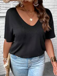 EMERY ROSE 大碼素色V領T恤 - 黑色 - 查看 1