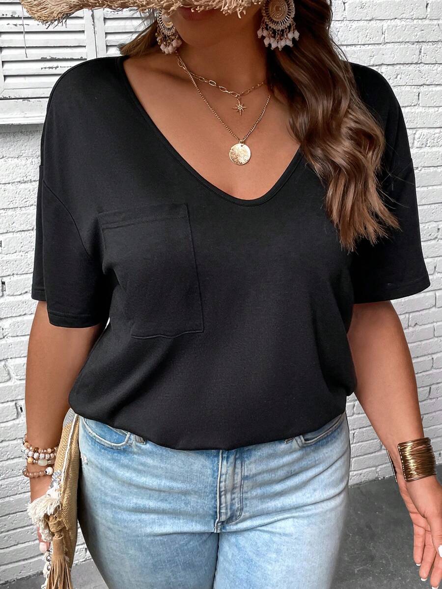 EMERY ROSE 大碼素色V領T恤 - 黑色 - 查看 1