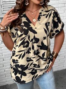 SHEIN Clasi Plus Floral Print Batwing Sleeve Blouse - Apricot - View 2