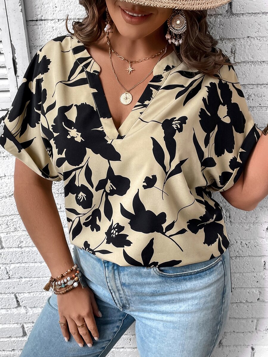 SHEIN Clasi Plus Floral Print Batwing Sleeve Blouse - Apricot - View 1