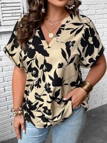 SHEIN Clasi Plus Floral Print Batwing Sleeve Blouse - Apricot - View 5