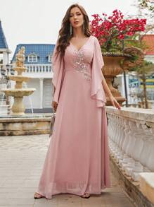 Pearls Detail Butterfly Sleeve Chiffon Bridesmaid Dress Elegant Dress, Bride Dress, Birthday Women Outfits, Graduation Dress, Formal Dress - Pink - View 7