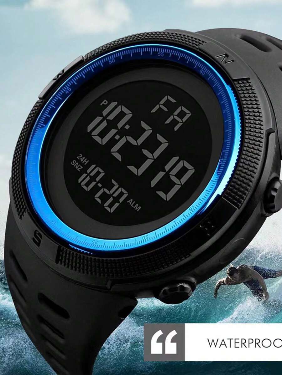 1pc Men's Outdoor Sports Glow In The Dark Oversized Dial Multifunctional Digital Watch - Blue - View 1