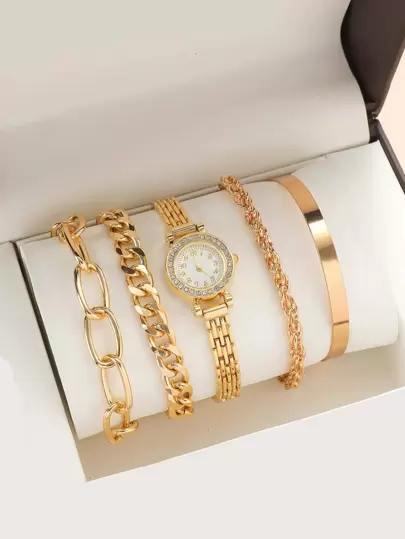 DISU 1 st Rhinestone Decor Quartz Watch & 4st armband som en present till elever som återvänder till skolan