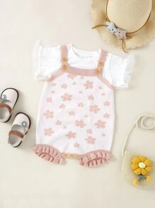 嬰兒花卉圖案荷葉邊針織連身短褲不帶T恤 - 粉色 - 查看 1
