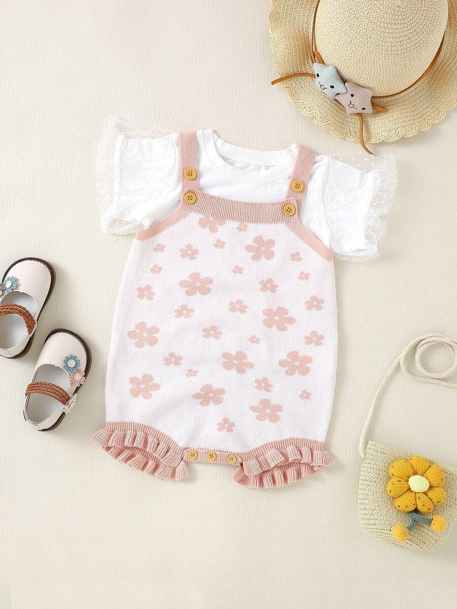 嬰兒花卉圖案荷葉邊針織連身短褲不帶T恤 - 粉色 - 查看 1
