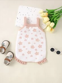 嬰兒花卉圖案荷葉邊針織連身短褲不帶T恤 - 粉色 - 查看 2