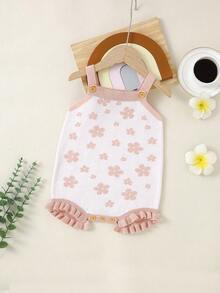 嬰兒花卉圖案荷葉邊針織連身短褲不帶T恤 - 粉色 - 查看 3