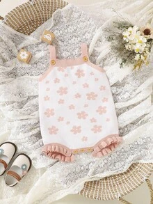 嬰兒花卉圖案荷葉邊針織連身短褲不帶T恤 - 粉色 - 查看 8