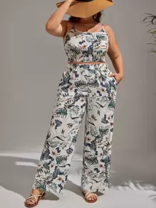 SHEIN VCAY 大碼熱帶圖案吊帶上衣和闊腿褲 - 彩色 - 查看 1