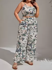 SHEIN VCAY 大碼熱帶圖案吊帶上衣和闊腿褲 - 彩色 - 查看 3