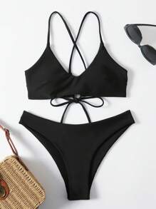 Swim Basics Summer Beach Solid Criss Cross Bikini Set - Black - View 1