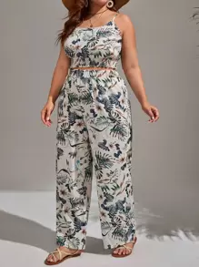 SHEIN VCAY 大碼熱帶圖案吊帶上衣和闊腿褲 - 彩色 - 查看 4