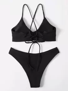 Swim Basics Summer Beach Solid Criss Cross Bikini Set - Black - View 2