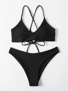 Swim Basics Summer Beach Solid Criss Cross Bikini Set - Black - View 3