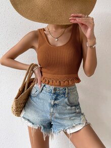 SHEIN VCAY 流蘇下擺短款背心 - 棕色 - 查看 4