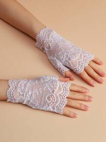 Guantes elegantes sin dedos bordados con flores - Blanco - Ver 1