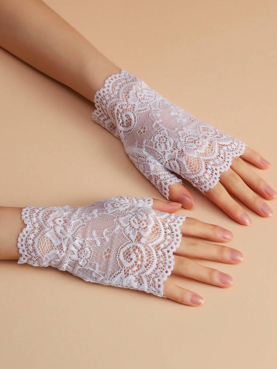 Guantes elegantes sin dedos bordados con flores - Blanco - Ver 1