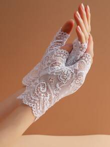 Guantes elegantes sin dedos bordados con flores - Blanco - Ver 2