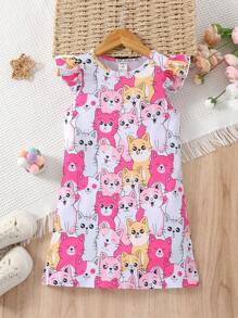 SHEIN Young Girl Cartoon Graphic Flutter Sleeve Dress - Multicolor - View 1