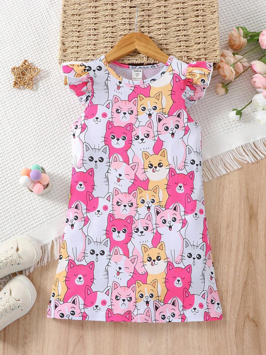 SHEIN Young Girl Cartoon Graphic Flutter Sleeve Dress - Multicolor - View 1