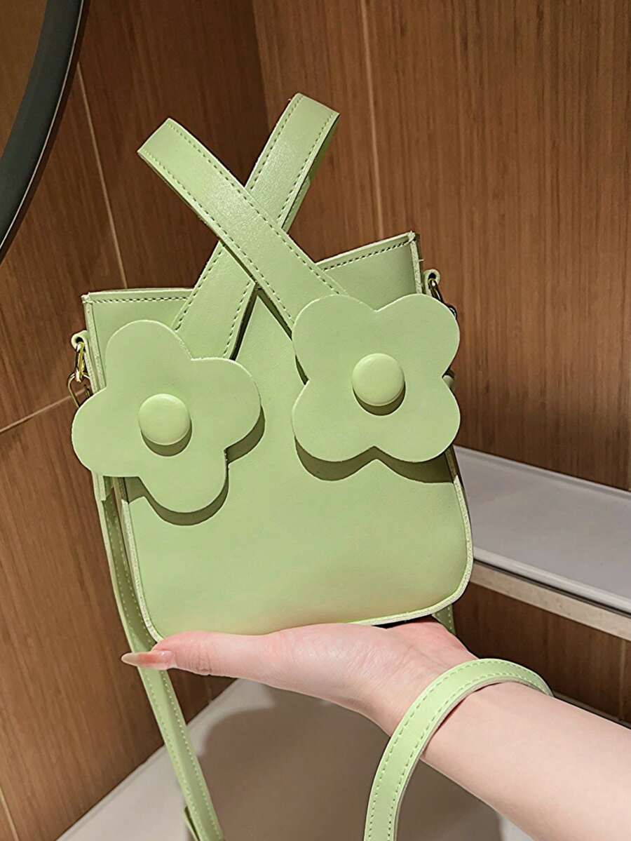 Bolsa cuadrada mini con diseño de flor doble asa - Verde - Ver 1