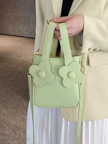 Bolsa cuadrada mini con diseño de flor doble asa - Verde - Ver 3