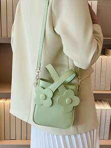 Bolsa cuadrada mini con diseño de flor doble asa - Verde - Ver 4