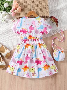Vestido de princesa acampanado con estampado de dinosaurio de dibujos animados de manga corta recién llegado para chica joven - Multicolor - Ver 2