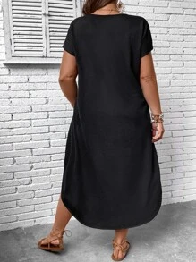 SHEIN LUNE Plus Solid Split Thigh Batwing Sleeve Curved Hem Dress - Black - View 2