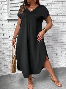 SHEIN LUNE Plus Solid Split Thigh Batwing Sleeve Curved Hem Dress - Black - View 4