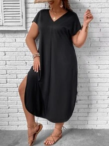 SHEIN LUNE Plus Solid Split Thigh Batwing Sleeve Curved Hem Dress - Black - View 6