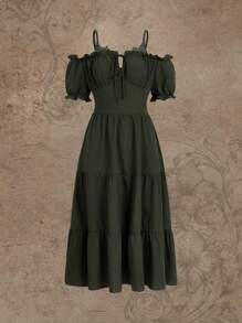 ROMWE Solid Cold Shoulder Ruffle Hem Dress - Army Green - View 1