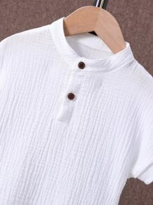 SHEIN Young Boy Half Button Batwing Sleeve Shirt & Vertical Striped Shorts - Multicolor - View 4